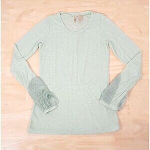 BKE Semi-Sheer Waffle Knit Blouse Women's Sz L Light Mint Green Detailed Cuffs